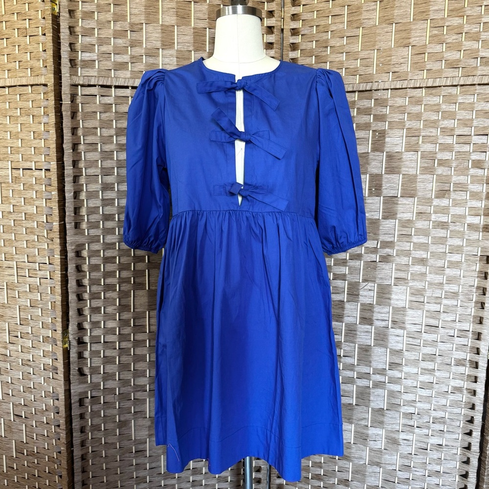 NWT blue tie-front 100% cotton popover dress S